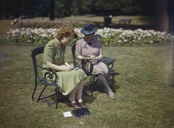 © IWM (TR 1184) Two women, responding to the 'Holidays at Home' campaign, writing post cards in Hyde Park, London. http://www.iwm.org.uk/collections/item/object/205188697#.U3u5LCt4oh8.email
